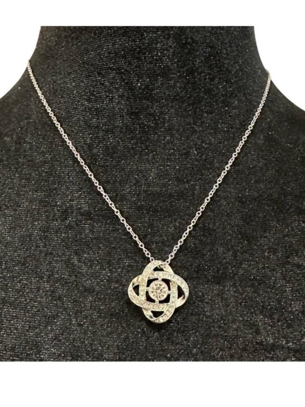 Interlocking Knot Pendant Necklace Round Stone Center Pave Set Stone Silver Tone